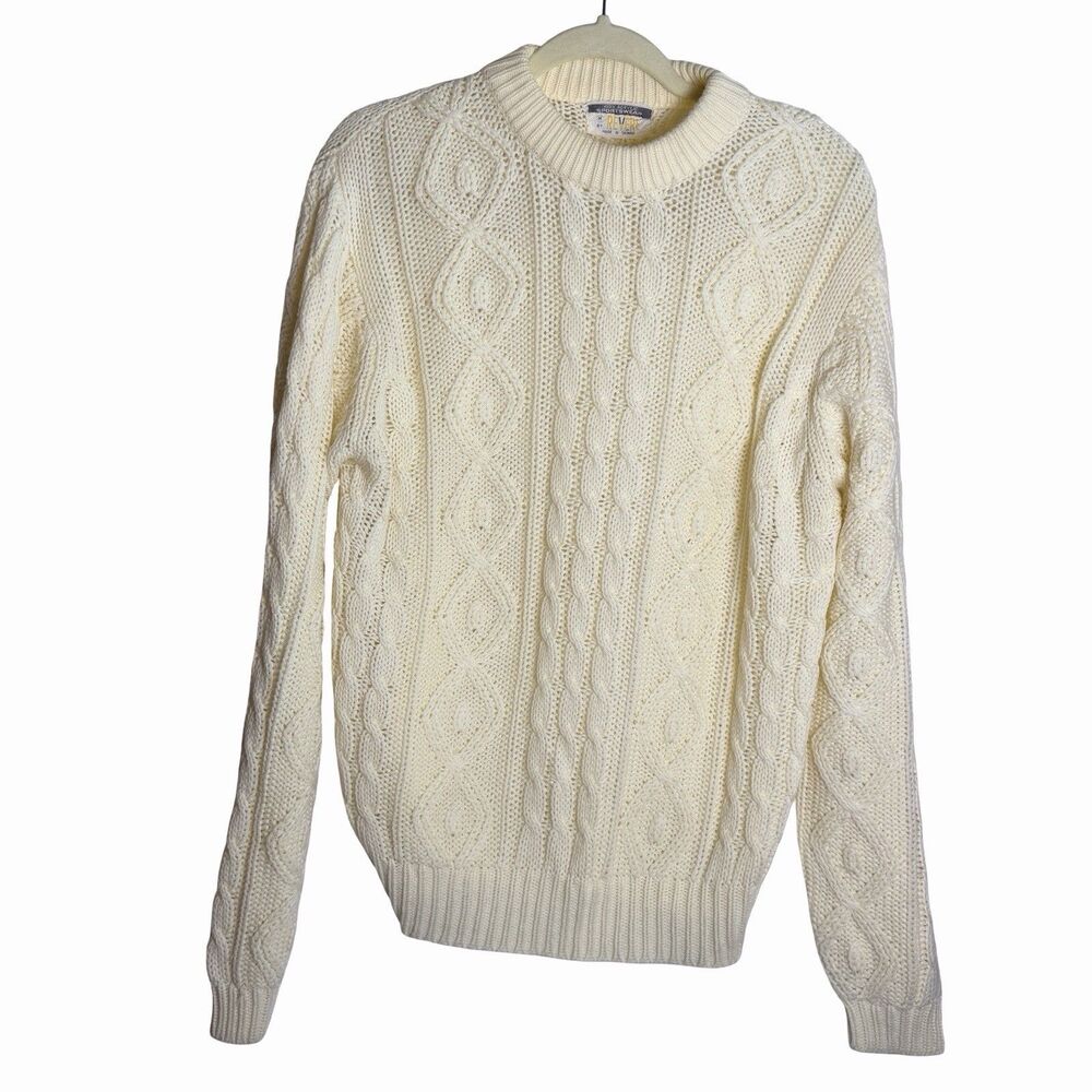 Vintage Revere Fisherman Sweater Mens Medium Cable Knit Ivory Acrylic Sportwear